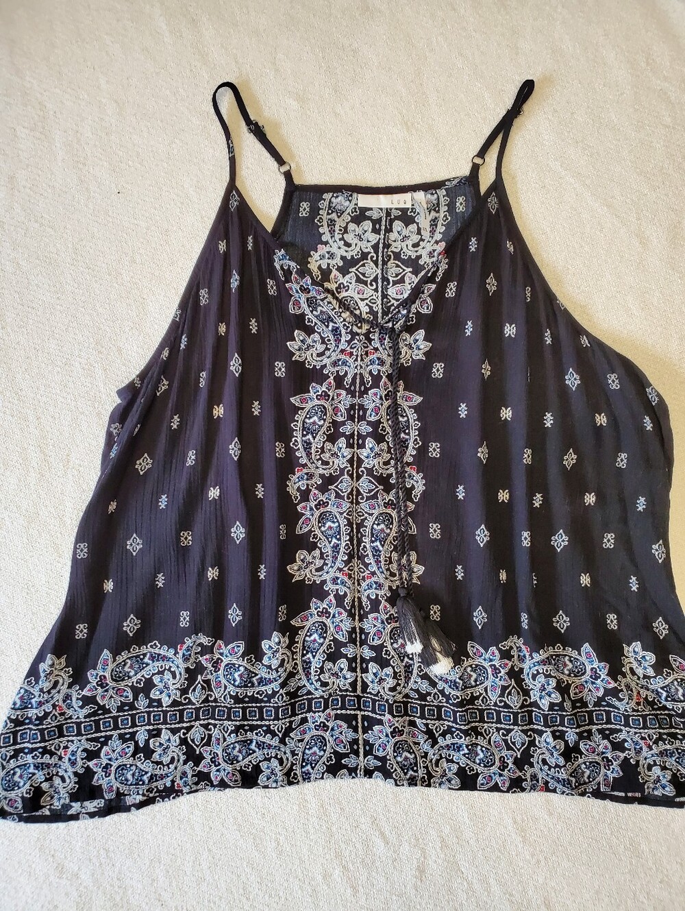 LUQ Women's XXL Blue Paisley Bandana Print Cami Top Tassel Tie Boho